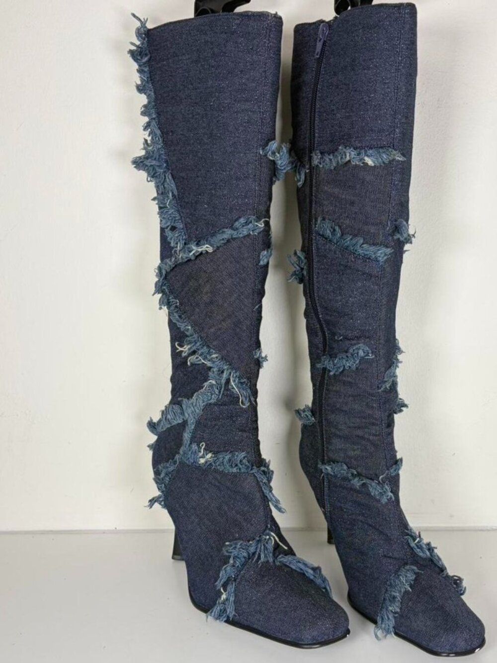 Insane Denim Patchwork Calf High Boots